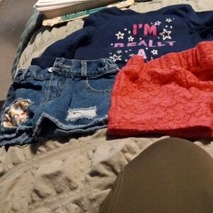 Girls Navy Graphic Long Sleeve Top with Red Lace Skirt